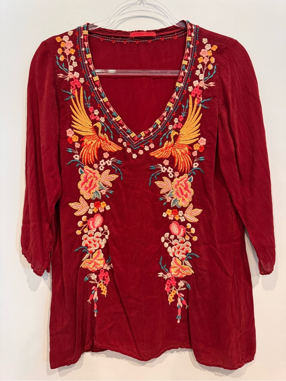 Johnny Was Red Rayon Boho Embroidered Floral Bird Crane Tunic Blouse 3/4 Sleeve